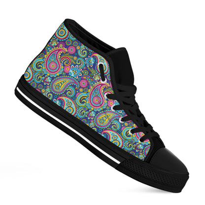 Colorful Paisley Pattern Print Black High Top Shoes