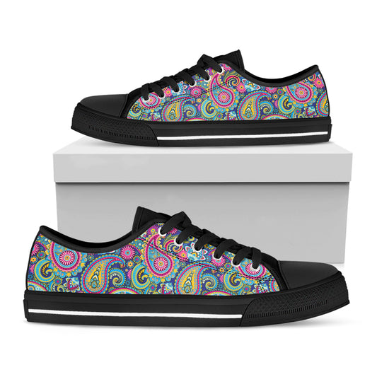 Colorful Paisley Pattern Print Black Low Top Shoes
