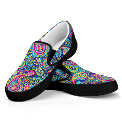 Colorful Paisley Pattern Print Black Slip On Shoes