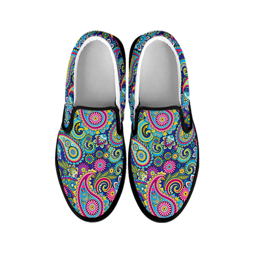Colorful Paisley Pattern Print Black Slip On Shoes