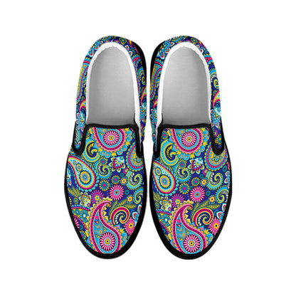 Colorful Paisley Pattern Print Black Slip On Shoes