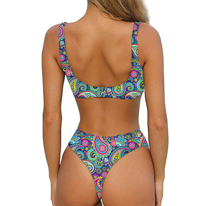 Colorful Paisley Pattern Print Front Bow Tie Bikini