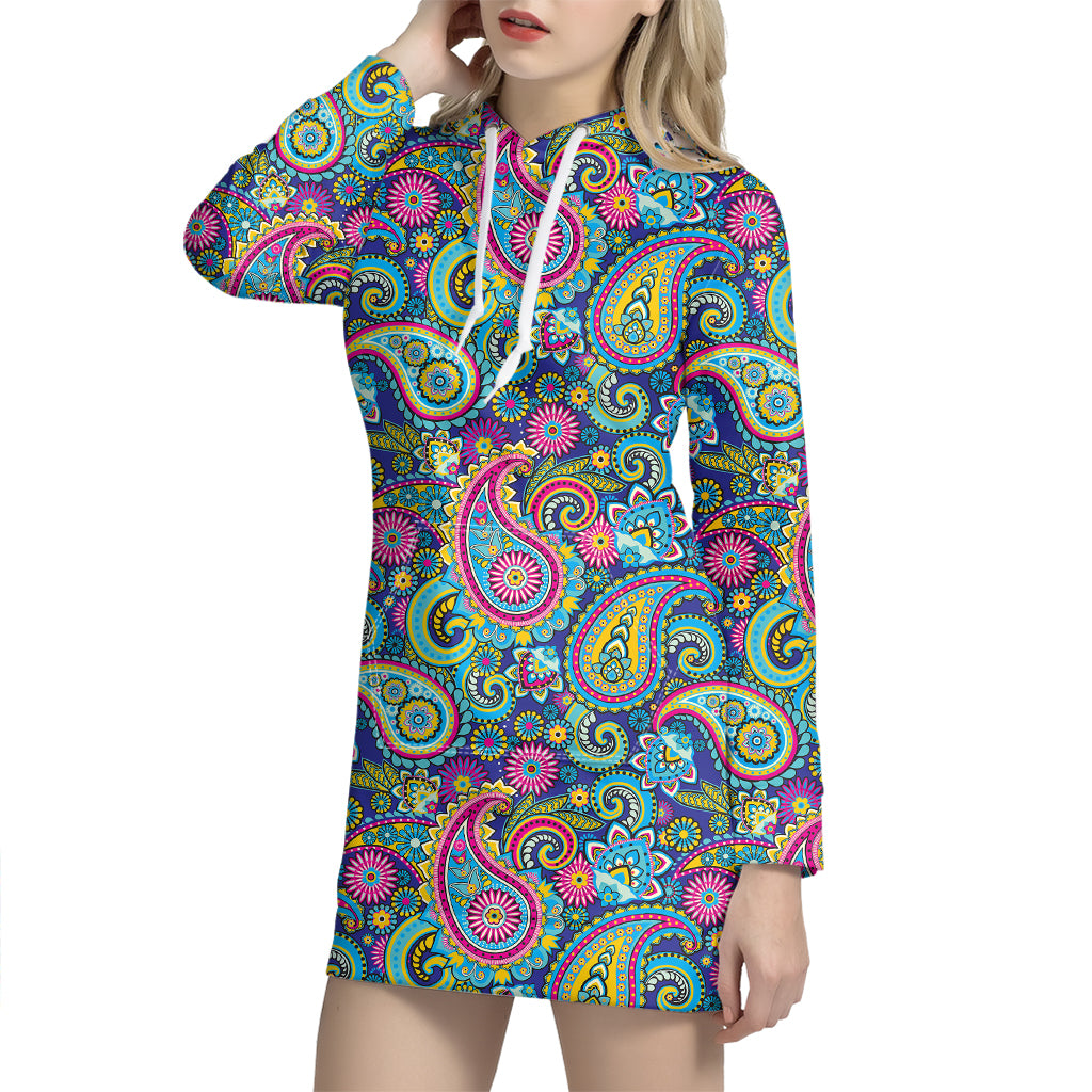Colorful Paisley Pattern Print Hoodie Dress