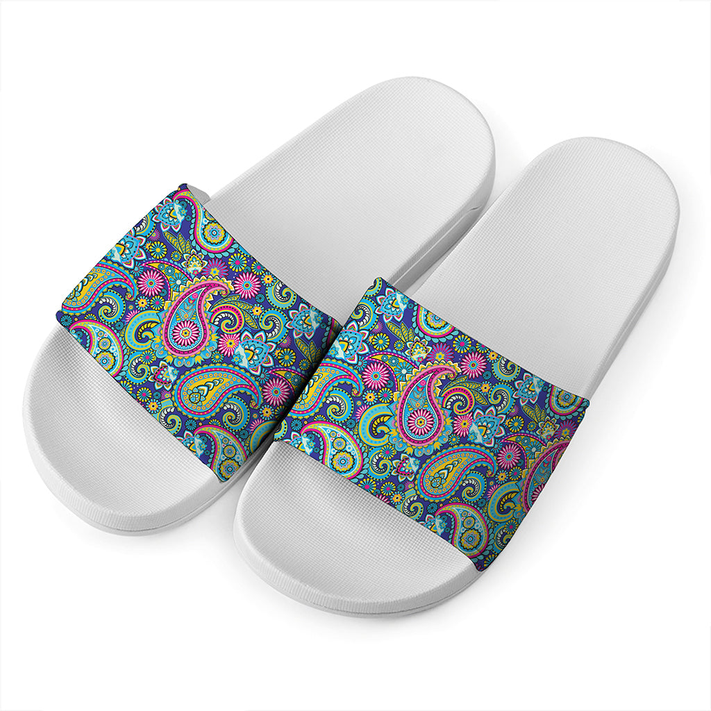Colorful Paisley Pattern Print White Slide Sandals