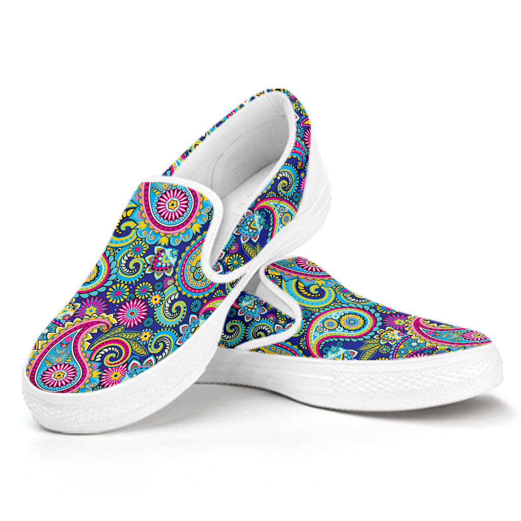 Colorful Paisley Pattern Print White Slip On Shoes