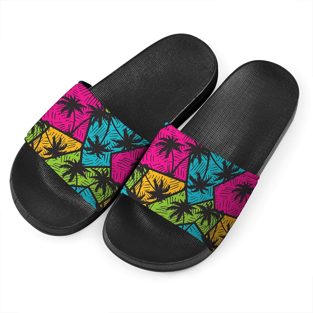 Colorful Palm Tree Pattern Print Black Slide Sandals
