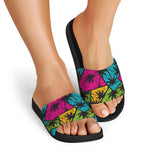 Colorful Palm Tree Pattern Print Black Slide Sandals