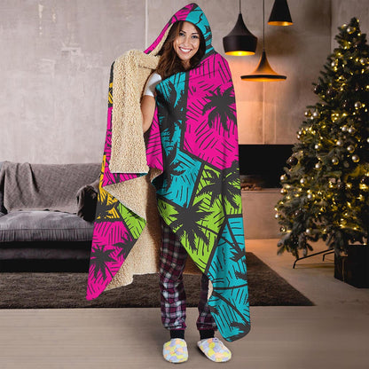 Colorful Palm Tree Pattern Print Hooded Blanket