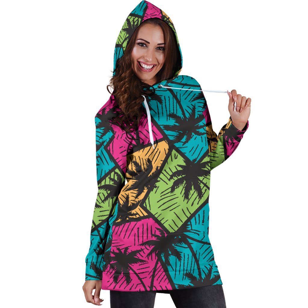 Colorful Palm Tree Pattern Print Hoodie Dress GearFrost