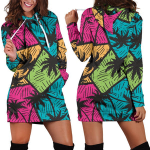 Colorful Palm Tree Pattern Print Hoodie Dress GearFrost