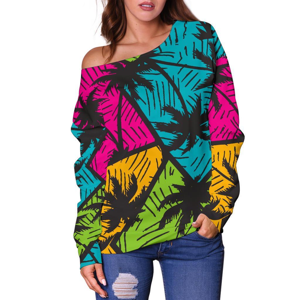 Colorful Palm Tree Pattern Print Off Shoulder Sweatshirt GearFrost