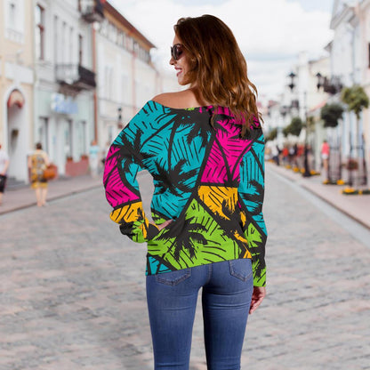 Colorful Palm Tree Pattern Print Off Shoulder Sweatshirt GearFrost