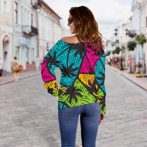 Colorful Palm Tree Pattern Print Off Shoulder Sweatshirt GearFrost