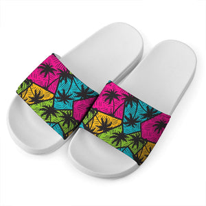 Colorful Palm Tree Pattern Print White Slide Sandals