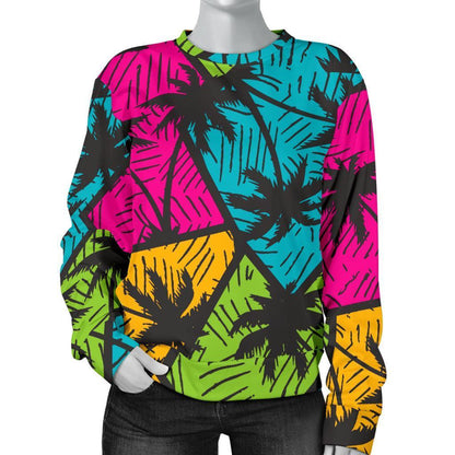 Colorful Palm Tree Pattern Print Women's Crewneck Sweatshirt GearFrost