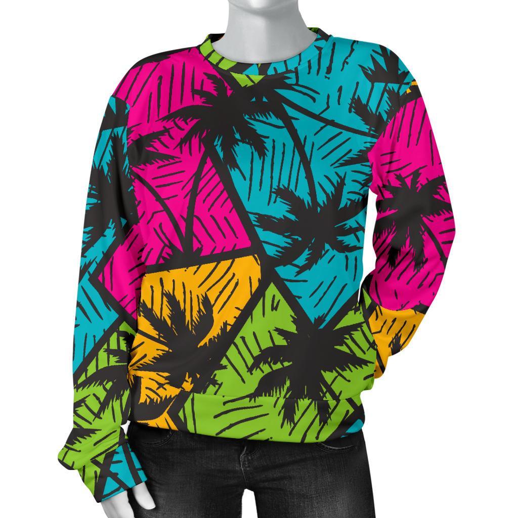 Colorful Palm Tree Pattern Print Women's Crewneck Sweatshirt GearFrost