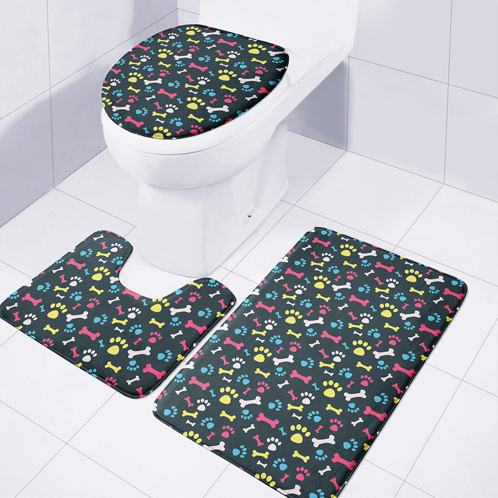 Colorful Paw And Bone Pattern Print 3 Piece Bath Mat Set