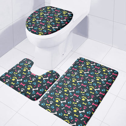 Colorful Paw And Bone Pattern Print 3 Piece Bath Mat Set
