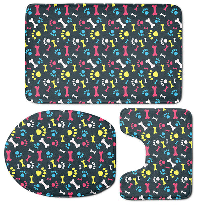 Colorful Paw And Bone Pattern Print 3 Piece Bath Mat Set