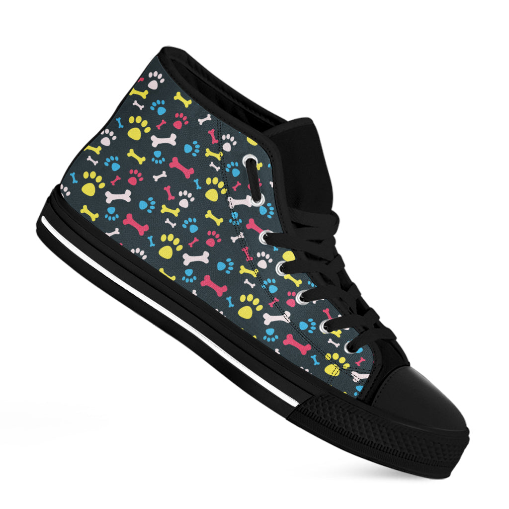 Colorful Paw And Bone Pattern Print Black High Top Shoes