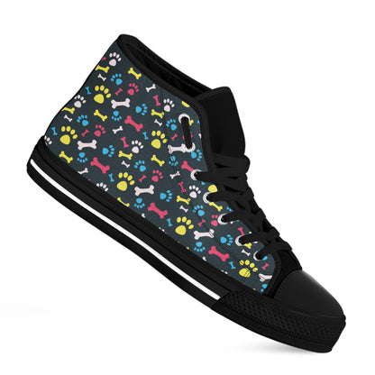 Colorful Paw And Bone Pattern Print Black High Top Shoes