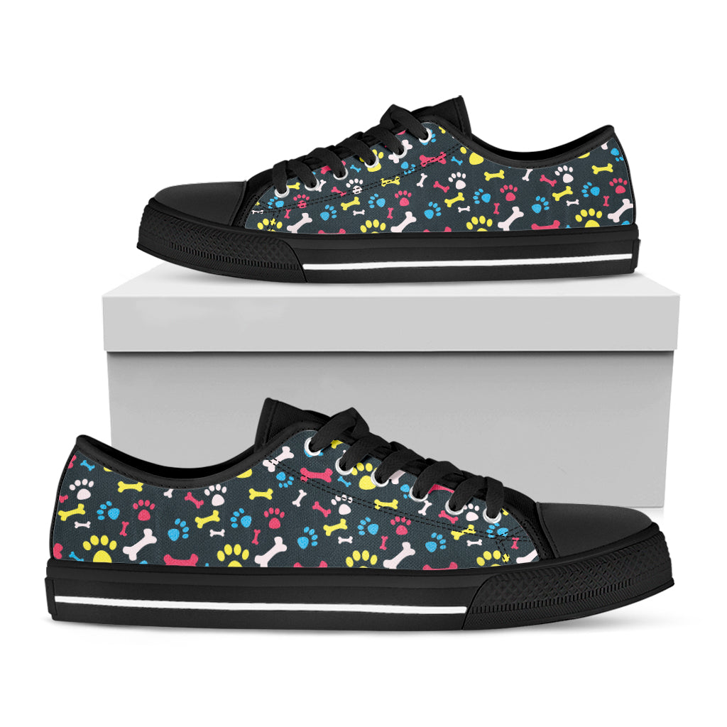 Colorful Paw And Bone Pattern Print Black Low Top Shoes