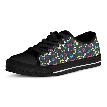 Colorful Paw And Bone Pattern Print Black Low Top Shoes
