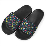 Colorful Paw And Bone Pattern Print Black Slide Sandals