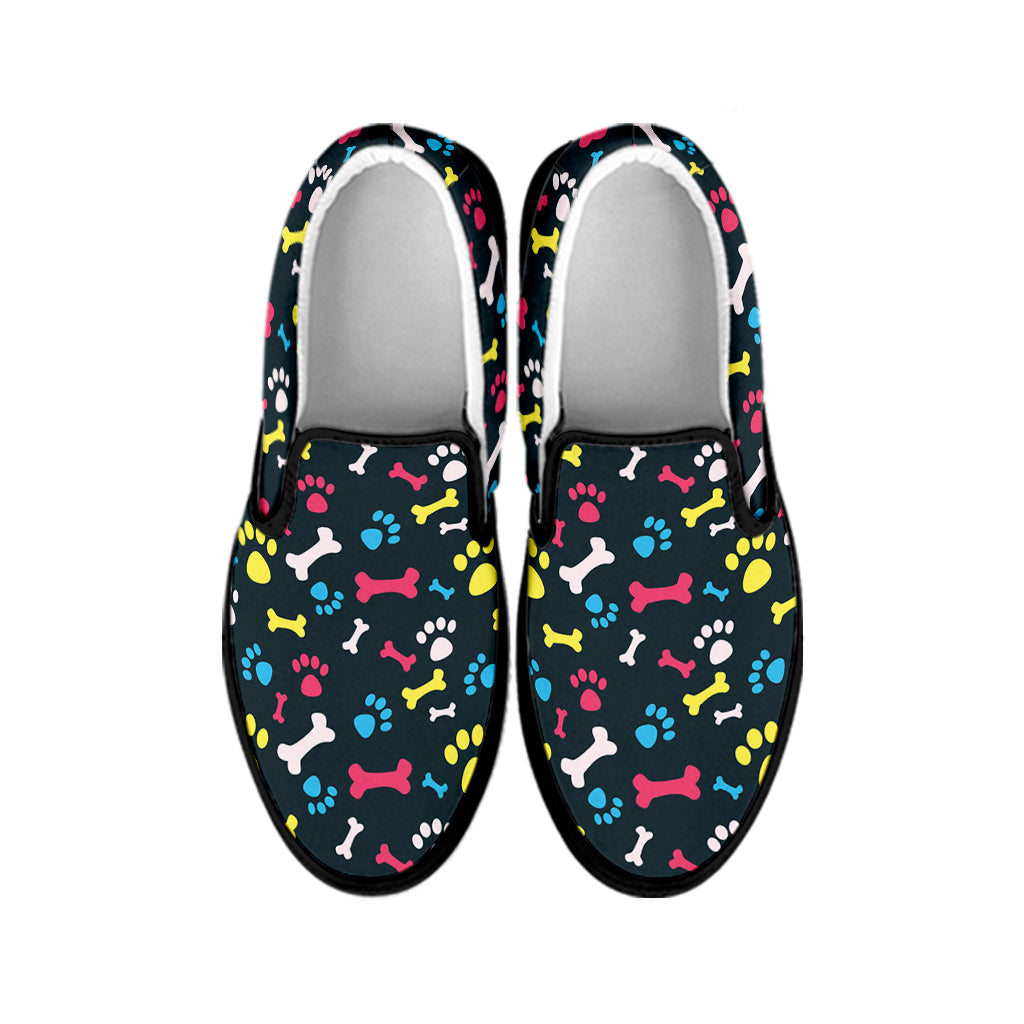 Colorful Paw And Bone Pattern Print Black Slip On Shoes