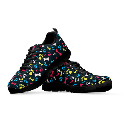 Colorful Paw And Bone Pattern Print Black Sneakers