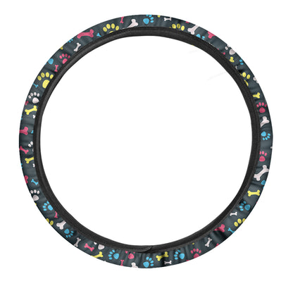 Colorful Paw And Bone Pattern Print Car Steering Wheel Cover