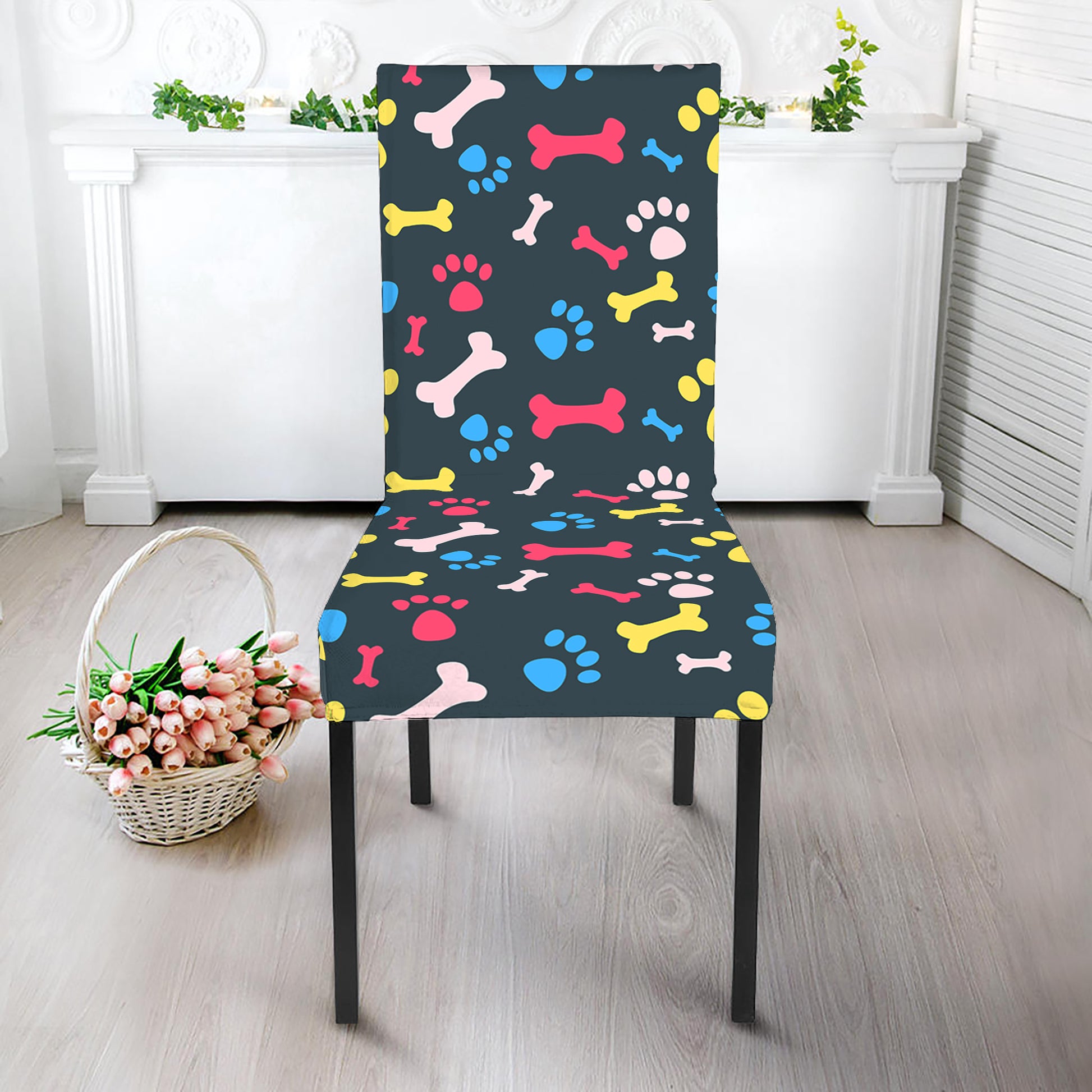 Colorful Paw And Bone Pattern Print Dining Chair Slipcover