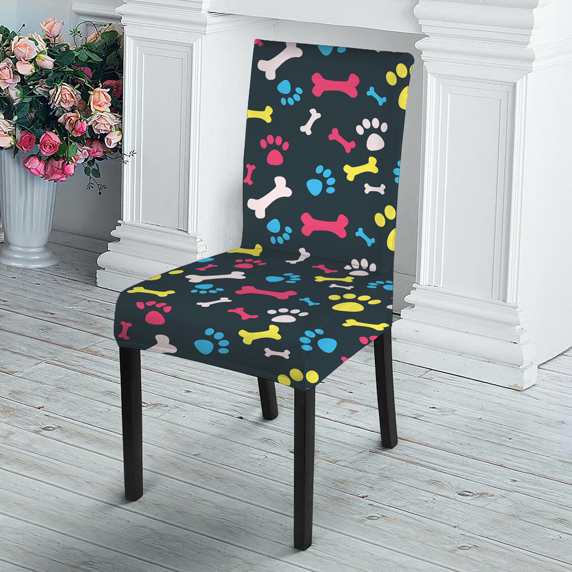 Colorful Paw And Bone Pattern Print Dining Chair Slipcover