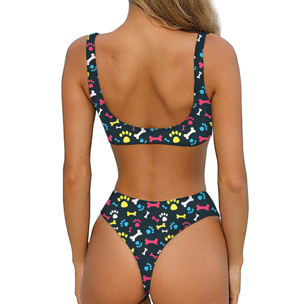 Colorful Paw And Bone Pattern Print Front Bow Tie Bikini
