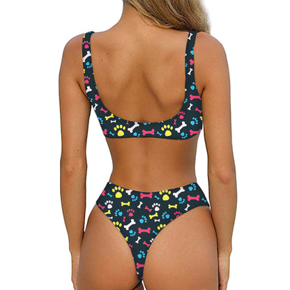 Colorful Paw And Bone Pattern Print Front Bow Tie Bikini