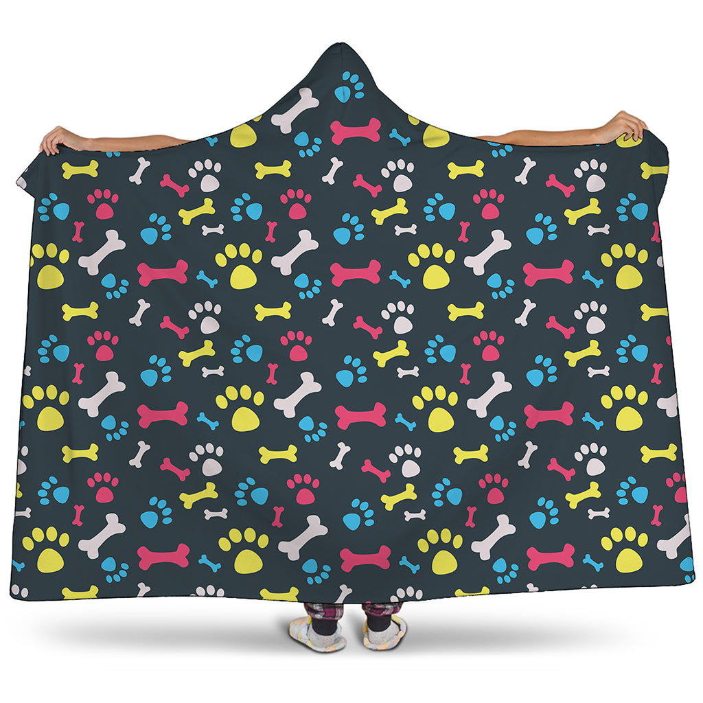 Colorful Paw And Bone Pattern Print Hooded Blanket