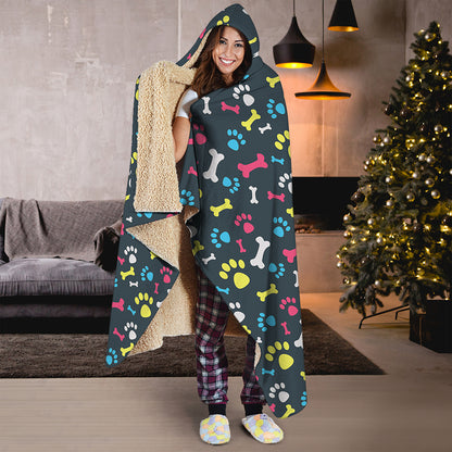 Colorful Paw And Bone Pattern Print Hooded Blanket