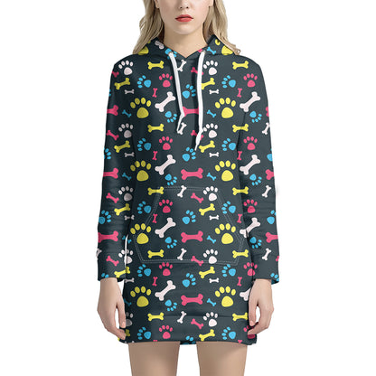 Colorful Paw And Bone Pattern Print Hoodie Dress
