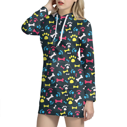Colorful Paw And Bone Pattern Print Hoodie Dress