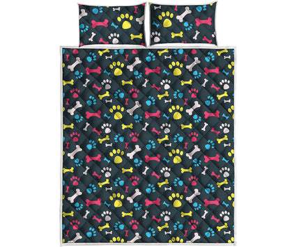 Colorful Paw And Bone Pattern Print Quilt Bed Set