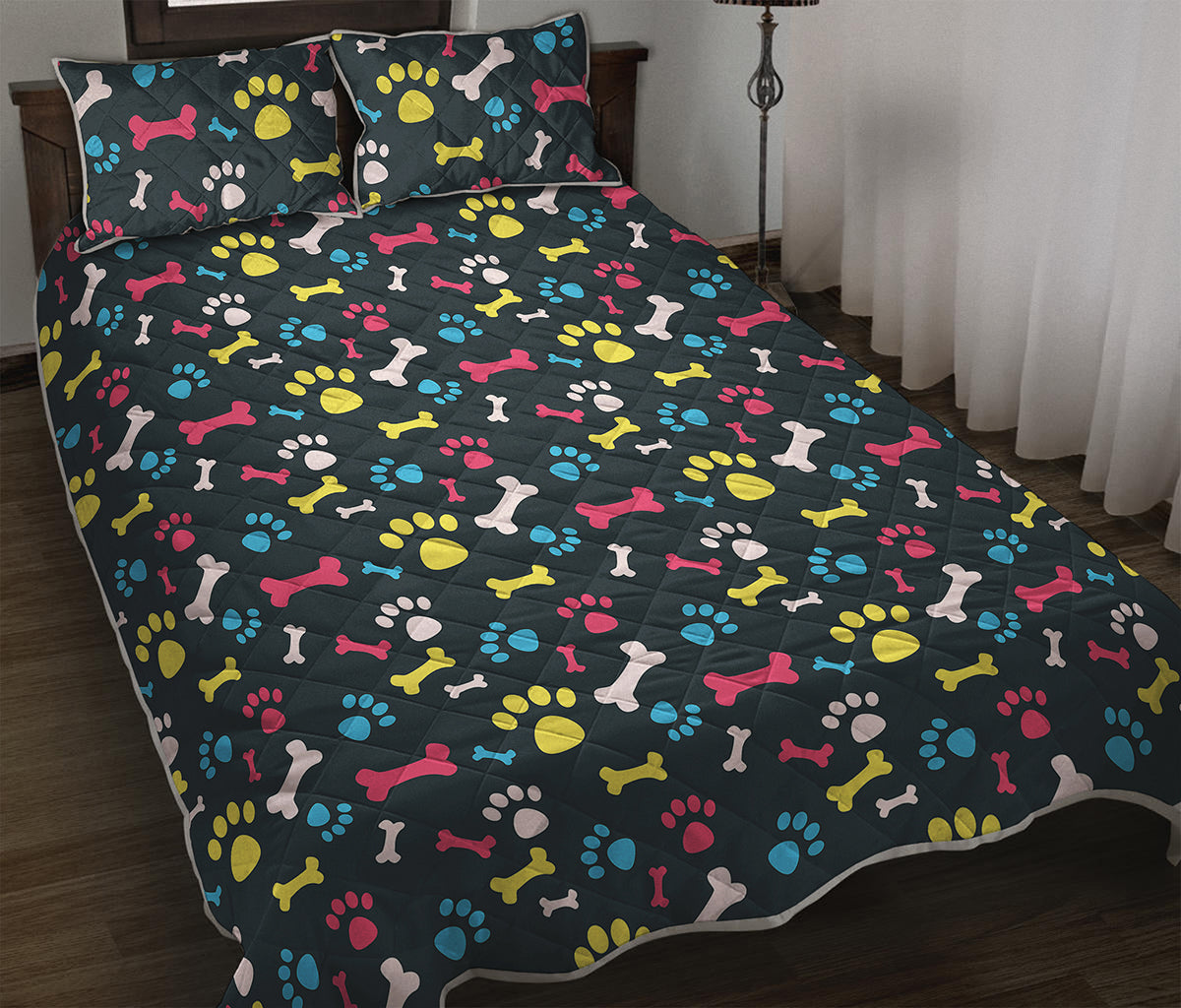 Colorful Paw And Bone Pattern Print Quilt Bed Set