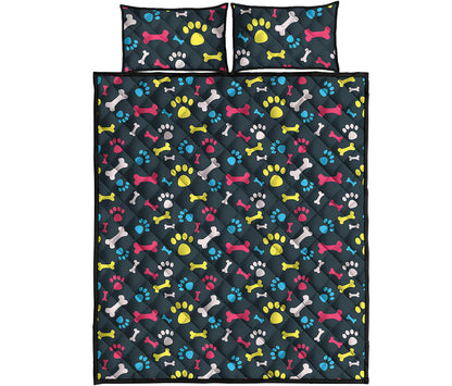 Colorful Paw And Bone Pattern Print Quilt Bed Set