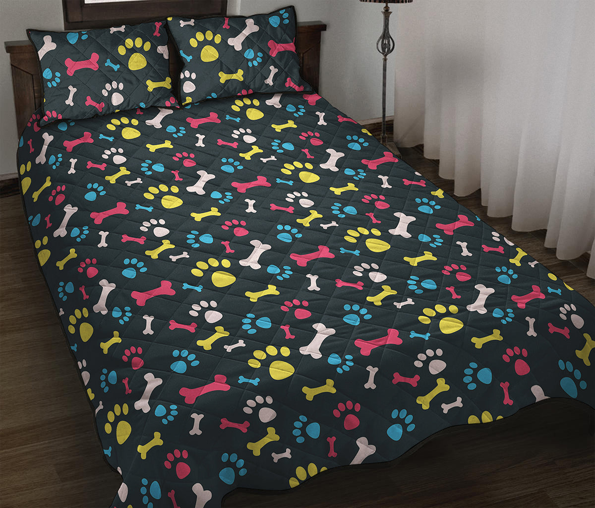 Colorful Paw And Bone Pattern Print Quilt Bed Set