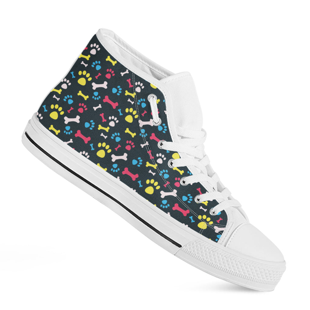 Colorful Paw And Bone Pattern Print White High Top Shoes