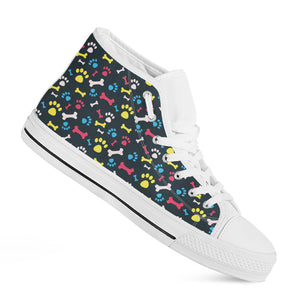 Colorful Paw And Bone Pattern Print White High Top Shoes