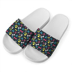 Colorful Paw And Bone Pattern Print White Slide Sandals