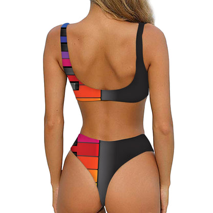 Colorful Piano Keyboard Print Front Bow Tie Bikini