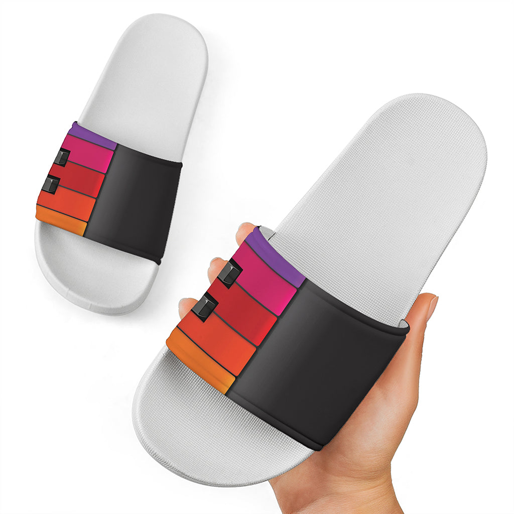 Colorful Piano Keyboard Print White Slide Sandals