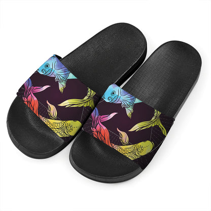 Colorful Pisces Sign Print Black Slide Sandals