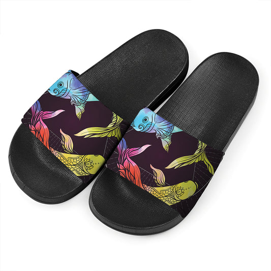 Colorful Pisces Sign Print Black Slide Sandals